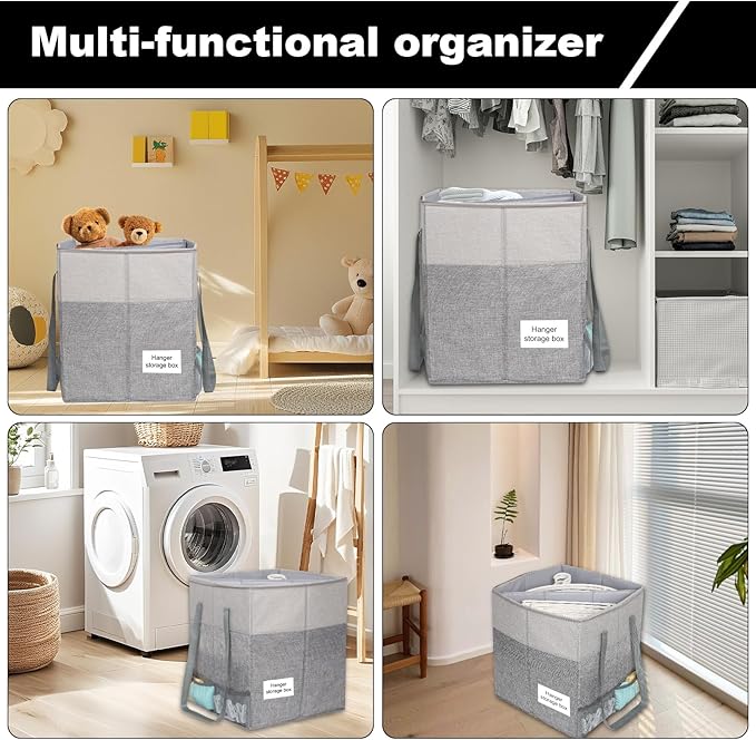 Clothes Hanger Organizer Bag with Lid,Rigid Hanger Storage Containers,Hanger Caddy Organizer Box with Handle and Label Window Keep Closet Laundry Rooms Tidy (Grey)