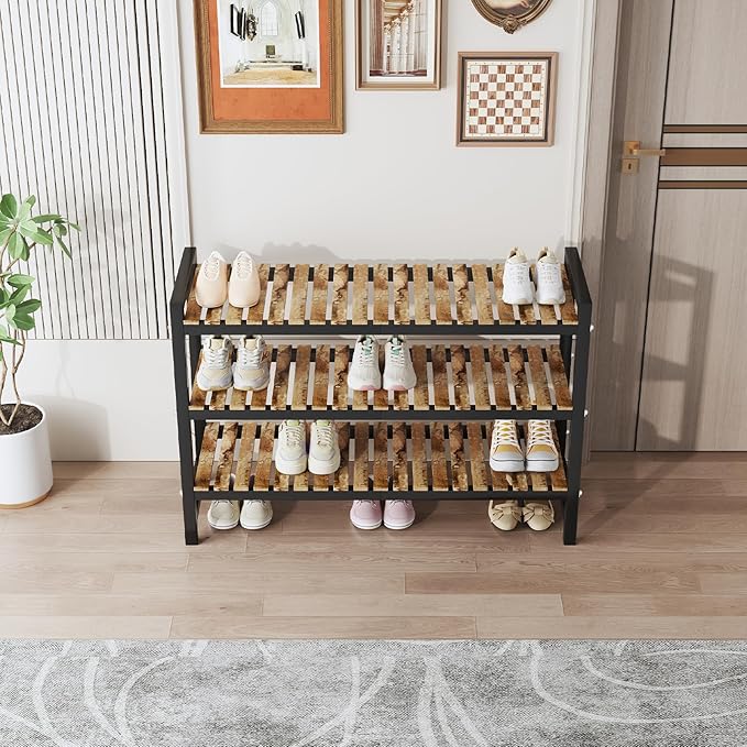 Shoe Rack Organizer for Small Spaces 2Tier Long Narrow Shoe Stand, Closet Shoe Rack, Small Shoe Shelf for Closet Entryway Corner Garage and Bedroom Front Door - Shoe Storage Combining Wood and Metal