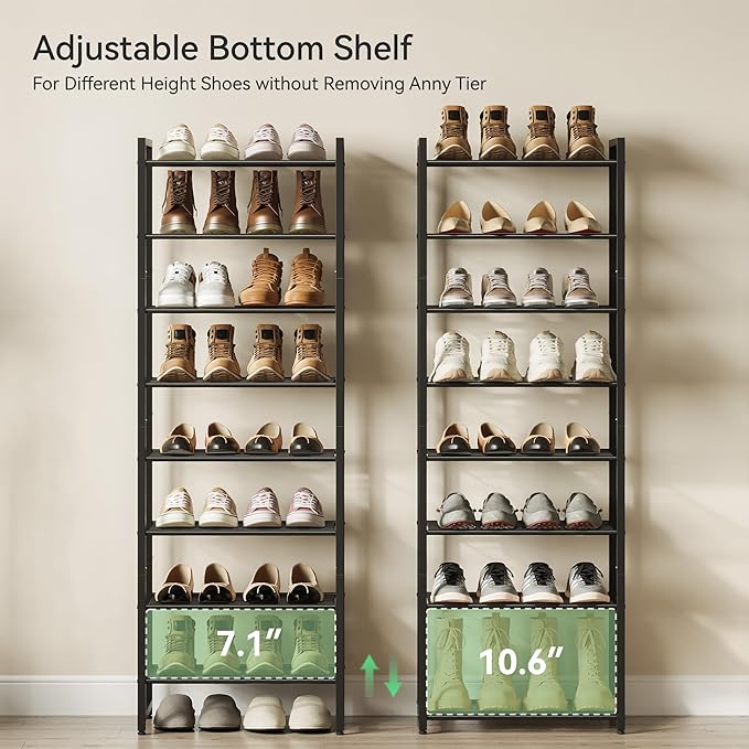 Narrow Shoe Rack, 8-Tier Metal Shoe Organizer,Tall Shoe Shelf with Anti-Tip Strap, Max Holds 18 Pairs,Space Saving for Closet,Entryway,Black