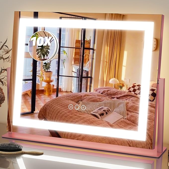 FENNIO Vanity Mirror with Lights 22''x18'' Makeup Mirror with Lights,Lighted Makeup Mirror with 10X Magnification，Smart Touch Screen with 3-Color Lighting,Dimmable（Square Pink）