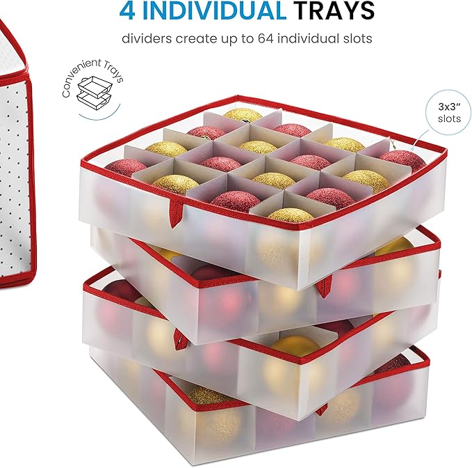 ZOBER Christmas Ornament Storage Box Plastic - Stores 64 3" Ornaments with Individual Trays - Ornament Organizer Storage Box, Durable Christmas Containers Holder - Red