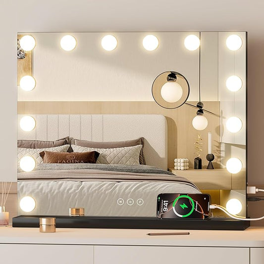 Vanity Mirror with Lights Lighted Makeup Mirror with Dimmable LED Bulbs,3 Color Lighting Modes,USB Charging Port Touch Control,Sturdy Metal Frame Design,Black (50x40cm, 4.70)