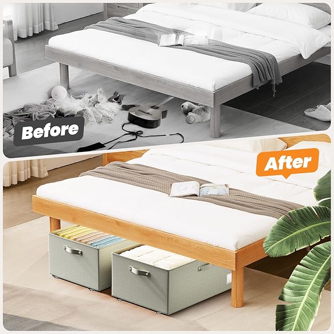 Underbed Storage with Wheels, 2 Pack Under Bed Storage Containers with Clear Lids, No Assembly Required 10.1 inch Rolling Under Bed Storage for Clothes, Beige