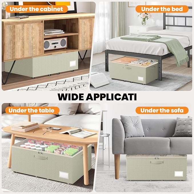 Underbed Storage with Wheels, 2 Pack Under Bed Storage Containers with Clear Lids, No Assembly Required 10.1 inch Rolling Under Bed Storage for Clothes, Beige