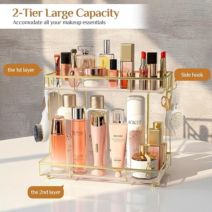 Bathroom Organizer Countertop Perfume Organizer Makeup Organizer Cosmetics Storage Display Rack Vanity Tray Dresser Steel Gold Shelf Transparency Wavy Acrylic Tray (2 Tier Golden)