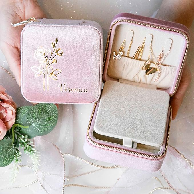 Customizable Compact Velvet Jewelry Box with Mirror, Travel Jewelry Case, Travel Jewelry Organizer, Jewelry Box for Women and Girls, Small Jewelry Organizer (Flower Design, Powder Pink)