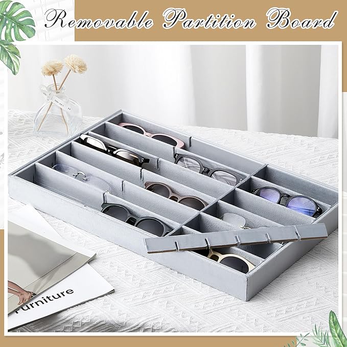 Amylove 2 Pcs Sunglass Organizer Trays Glasses Stackable Jewelry Trays Sunglass Organizer Display Box(18 Grids,Gray)