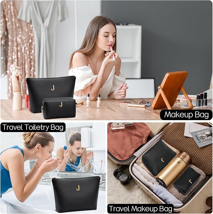 Valentine's Day Gifts for Women Girlfriend Initial Makeup Bag for Teen Girls Personalized Gifts for Friend Teacher Mom Wife Cosmetic Travel Toiletry Bag(Black,J)