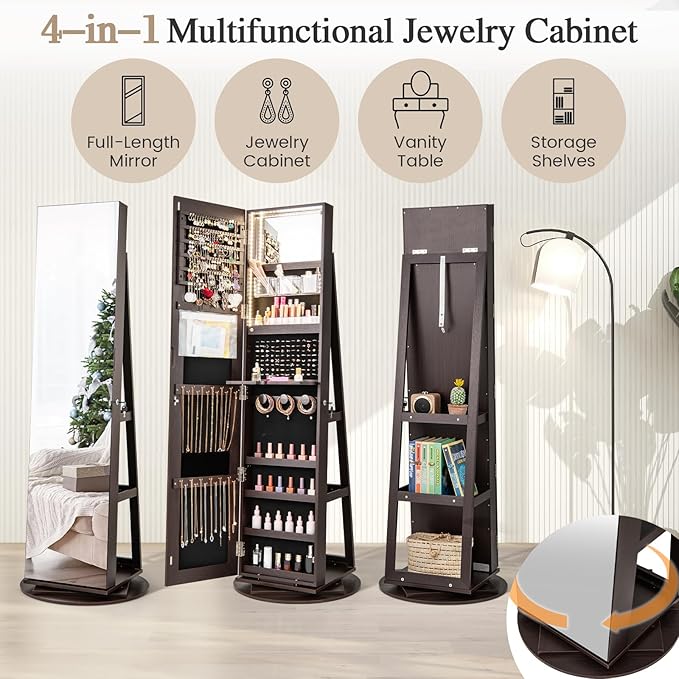 Mirror Jewelry Cabinet Standing with Full Length Mirror, 360° Swivel Jewelry Armoire with 3-Color LED Lights & Foldable Makeup Shelf, Lockable Organizer for Women, Space-Saving (Espresso)