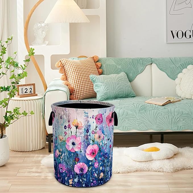 Colorful Flowers Laundry Basket Floral Art Oxford Cloth Laundry Hamper Funny With Handle Foldable Portable Clothes Storage Basket 18.9 X 16.5 Storage Bag For Laundry Room/Bathroom/Bedroom/Dormitories