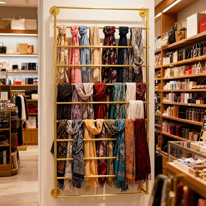 10-Layer Wall Mounted Display Rack, Tie & Scarf Rack Belt Towel Holder Wrapping Paper Ribbon Organizer Metal Shelving Scarves Belts Necktie Hijab Stand for Home, Retail Stores, Flower Shop