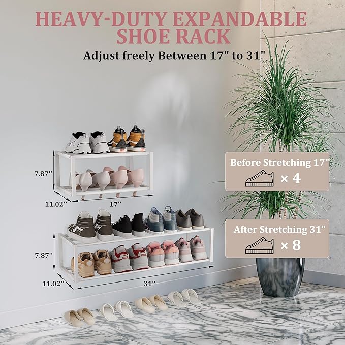 Expandable Wall Mounted Shoe Rack, 17"-31" Adjustable Hanging Shoe Rack Holds 8 Pairs, Heavy Duty Metal Shoe Holder with 2 Storage Hooks, Space Saving for Entryway Closet Doorway（White）