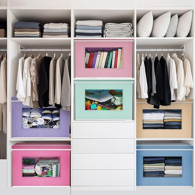 10 Pcs Fabric Storage Bins with Lid 14x10 Inch Stuffed Animal Storage Boxes with Window Handle Collapsible Cube Organizer Basket for Shelves Closet Bedroom Office Clothes Books (Pastel)