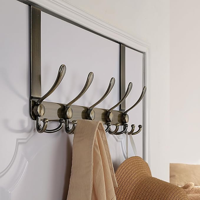 Dseap Over The Door Hook Hanger - Fits 1 3/8" to 1 3/4" Standard Doors | 5 Tri Hooks Heavy Duty Towel/Coat Rack | Door Organizer for Clothes, Jackets, Hats, Towels, Bronze