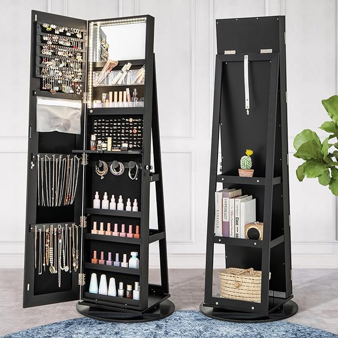 GOFLAME 360° Rotating Jewelry Cabinet with Full-Length Mirror, Standing Jewelry Armoire with 3-Color LED Light and Back Storage Shelf, Lockable Jewelry Organizer for Bedroom Cloakroom, Black