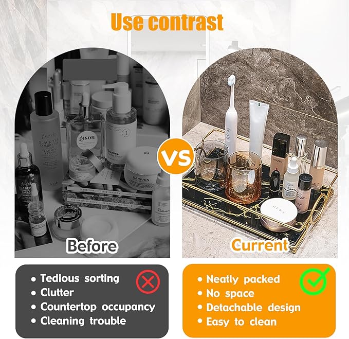 Vanity Tray Luxury Bathroom Counter Tray Glass Perfume Organizer Holder Cosmetics Makeup Skincare Display Decorative Vanity Trays for Bathroom Dresser Bedroom (Black Gold, L)