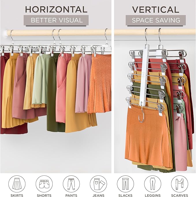 MORALVE Skirt Hangers Space Saving with Clips - 2 Pack - European Beechwood 5-Tier Hanger for Shorts, Skirts, and Pants - Closet Organizer and Storage Solution for Women with 360° Swivel Hook