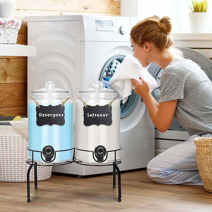 Glass Laundry Detergent Dispenser 1 Gallon 2 Pack, 2 Gallon Laundry Soap Dispenser with Stand, Glass Jars Laundry Containers for Laundry Room Organization & Storage