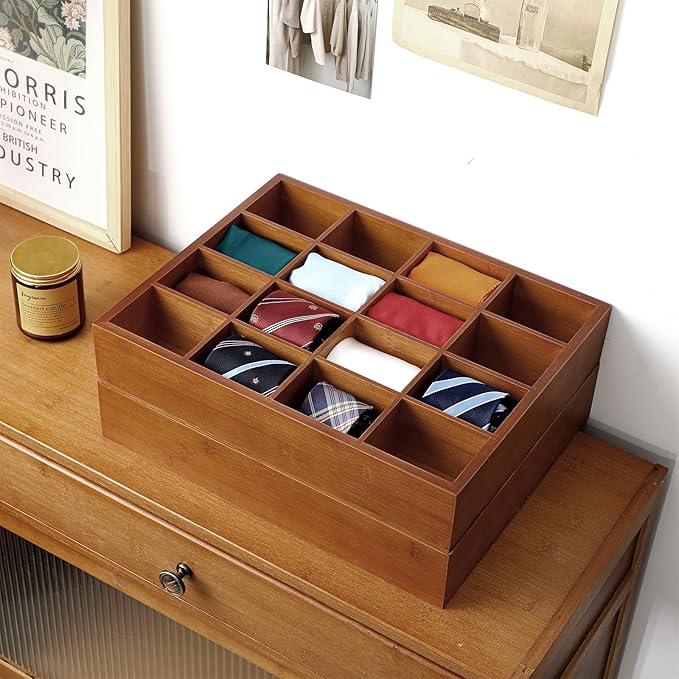 Wesiti Tie Box Organizer Wall Mounted Tie Rack with 16 Compartments Bamboo Belt Holder for Men Scarf Necktie Home Wall Closet(Dark Brown Color,2 Piece)