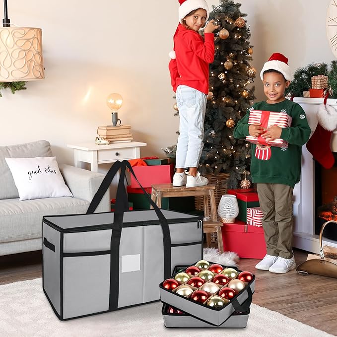 Christmas Ornament Storage Box with Dividers, Christmas Balls Storage Containers with Zipper & 8 Removable Trays, Holds Up to 128 Balls - 600D Oxford Christmas Decoration Storage Organizer (Gray)