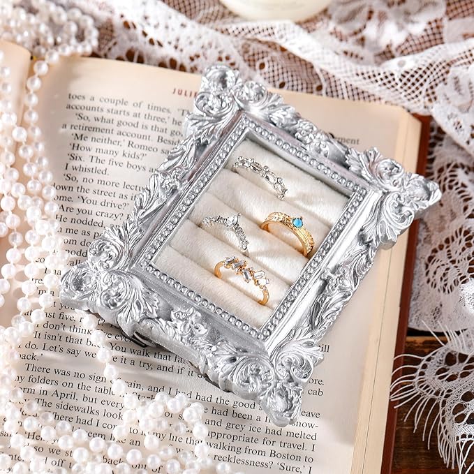 Vintage Ring Holder Rectangle Sliver Ring Display Stand Frame Earring Display Tray Anniversary Engagement Baroque Wedding Jewelry Organizer Photograph Prop for Women Christmas Gift
