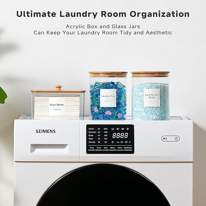 Glass Laundry Pods Container & Acrylic Dryer Sheet Holder with Bamboo Lids, Scoops & Labels | Premium Laundry Room Organization and Storage for Detergent Pods, Powder, Dryer Balls & Beads
