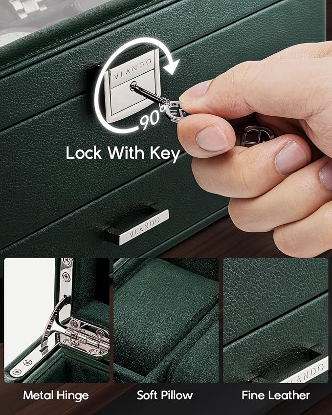Vlando Watch Box for 10 slot, Lockable Watch Case with Textured Leather, 2 Layer Watch Holder for Rings, Bracelets, Glasses, Glass Lid, Removable Divider, Gift for Fathers, Husband, Friend, Dark Green