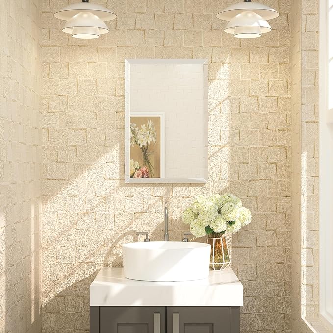 TETOTE 16" x 24" Frameless Beveled Bathroom Mirror Tempered Rectangle Wall Mirror with Beveled Edge for Bathroom, Vanity