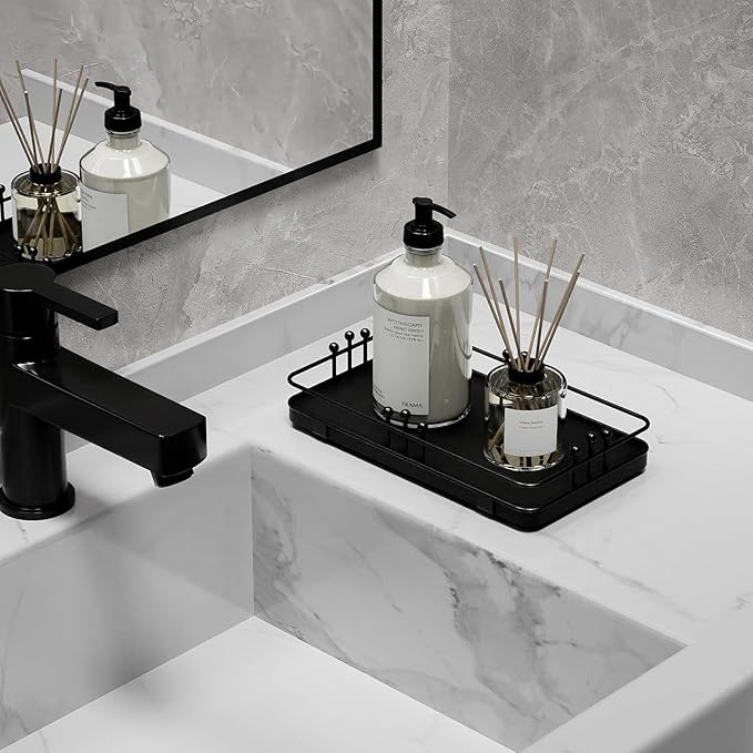 Bathroom Vanity Tray for Toiletries Makeup Perfume Candle Toilet Tank, Kitchen Tray for Soap Dispenser Spice Salt, Small Black Tray for Countertop Decor Coffee Nightstand 7.9”x4.4”