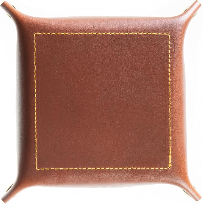 USA Handmade Premium Leather Valet Tray, Folds Flat! Dice Rolling Basket and Organizer with Brass Snaps (Chestnut Gold, Medium)