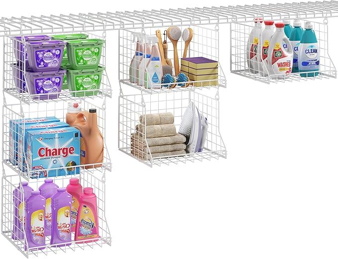 3-Tier Foldable Laundry Basket Organizer with Rotating Hooks - Space-Saving Over Washer and Dryer Shelf for Laundry Room Organization and Storage, Durable Wire Shelving Unit, White