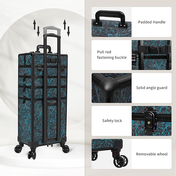 Profesional Rolling Makeup Train Case with Lid, 5 in 1 Cosmetology Case on Wheels, Large Cosmetic Trolley Organizer Travel for Hairstylist Artist Nail Beauty Salon Barber, Blue