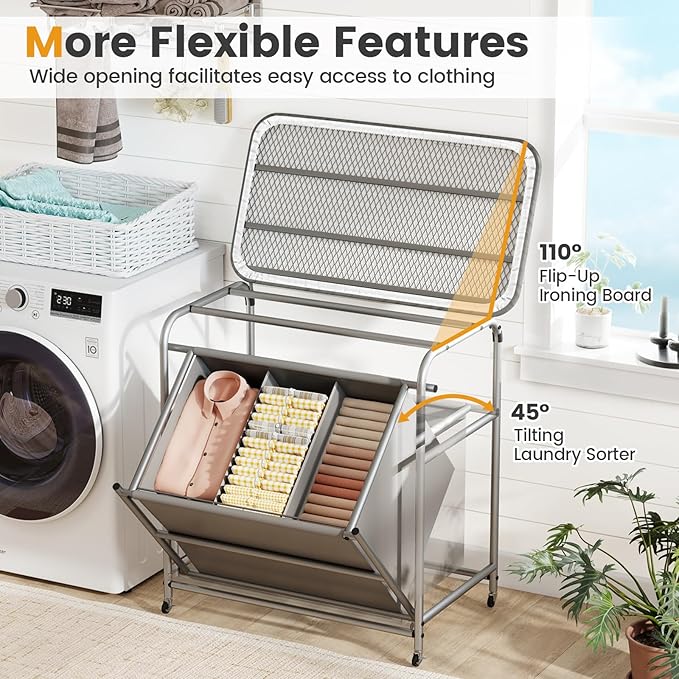 Giantex Laundry Sorter with Foldable Ironing Board, 3 Section Tilt Out Laundry Hamper with Removable Bags, Heavy-Duty Rolling Laundry Cart with Lockable Wheels for Bathroom Bedroom, Grey