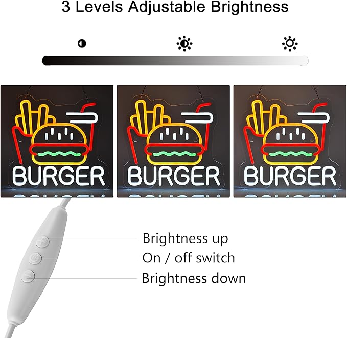 Burger Fries Neon Sign for Wall Decor Art Hamburger French Fries LED Neon Light 12.6" x 11.8" Fast Food Business Signs for Home Restaurant Bar Man Cave Decoration