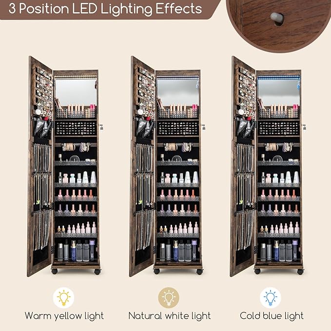 GOFLAME Jewelry Cabinet with Full Length Mirror, Lockable Jewelry Storage Organizer with Wheels, 3-Color LED Lights, Inner Mirror, Freestanding Jewelry Armoire with Rear Storage Shelves, Rustic Brown
