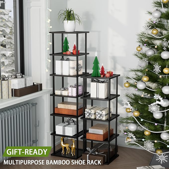 Vertical Tall Shoe Rack Organizer for Entryway -12 Tier Free Standing Slim Narrow Bamboo Wood Corner Stackable Shoe Boots Storage Stand Small Spaces for Closet Garage Cloakroom Living Room (Black)