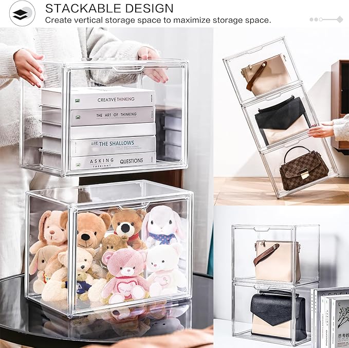 4 Packs Clear Plastic Handbag Storage Organizer for Closet, Large Acrylic Display Box forPurse and Handbag, Stackable Storage Boxes Bag Organizer with Magnetic Door for Purse Clutch Wallet Book