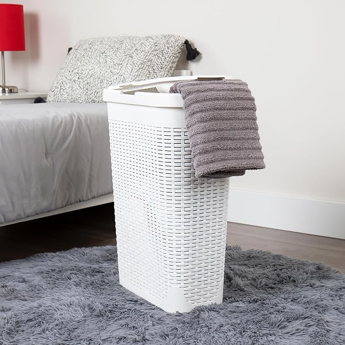 Mind Reader 40L Slim Laundry Hamper, Clothes Basket, Lid, Premium Wicker Design, Plastic, Set of 3, White