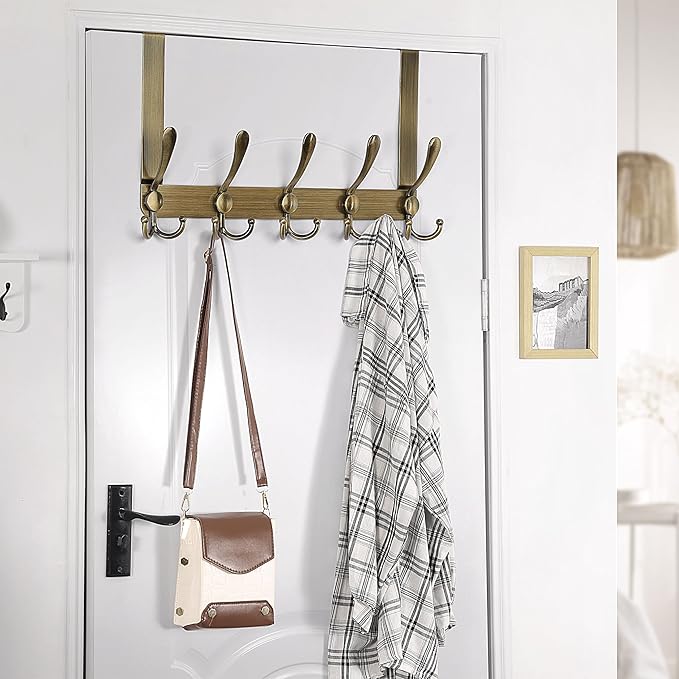 Dseap Over The Door Hook Hanger - Fits 1 3/8" to 1 3/4" Standard Doors | 5 Tri Hooks Heavy Duty Towel/Coat Rack | Door Organizer for Clothes, Jackets, Hats, Towels, Bronze