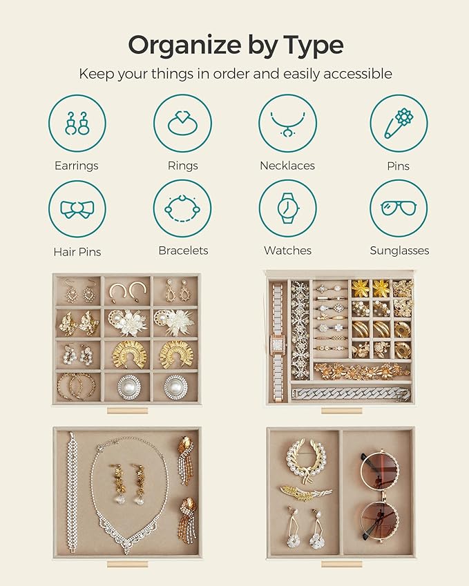 SONGMICS Jewelry Box Organizer with Glass Lid, 4-Layer Jewelry Storage, with 3 Drawers, Modern Style, 8 x 9.1 x 6.5 Inches, Cloud White and Gold Color UJBC173W01