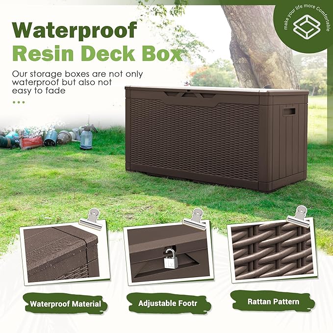 Homall 100 Gallon Deck Box Large Resin Waterproof Outdoor Storage Box with Padlock and Built-in Handles Storage Container for Cushions, Toys and Garden Tools (Deep Brown)