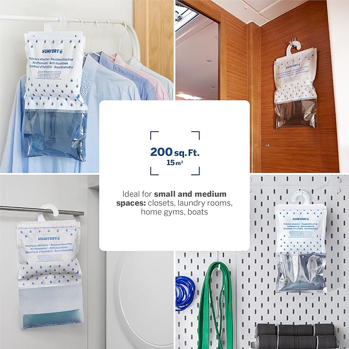HUMYDRY Hanging Moisture Absorber for Closets, Pack of 6 Unscented 15.9 Oz Dehumidifier Bags, Non Electric Humidity Absorbers for Wardrobes Clothes Storage Areas and Small Enclosed Spaces