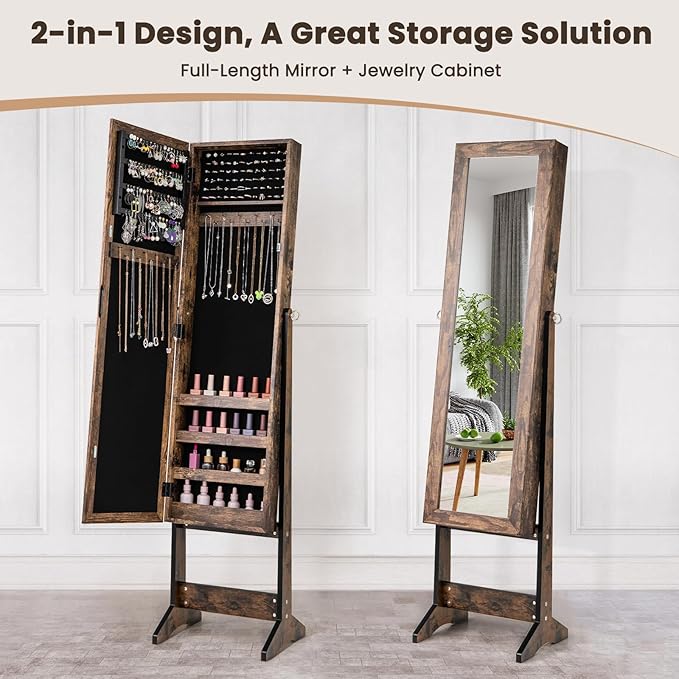 GOFLAME Jewelry Cabinet, Jewelry Organizer with Full Length Mirror Door, Standing Makeup Mirror Cabinet, Freestanding Jewelry Organizer with Large Storage Capacity (Rustic Brown)