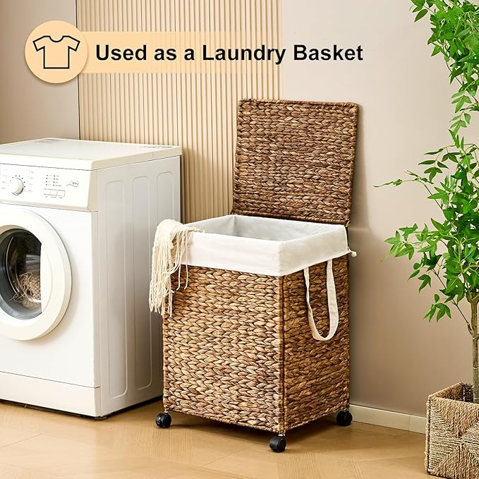 Laundry Hamper with Lid, Large Capacity Woven Natural Water Hyacinth Laundry Sorter with Removable Liners, Rolling or Non-Slip Design for Bedroom (Espresso, 100L)
