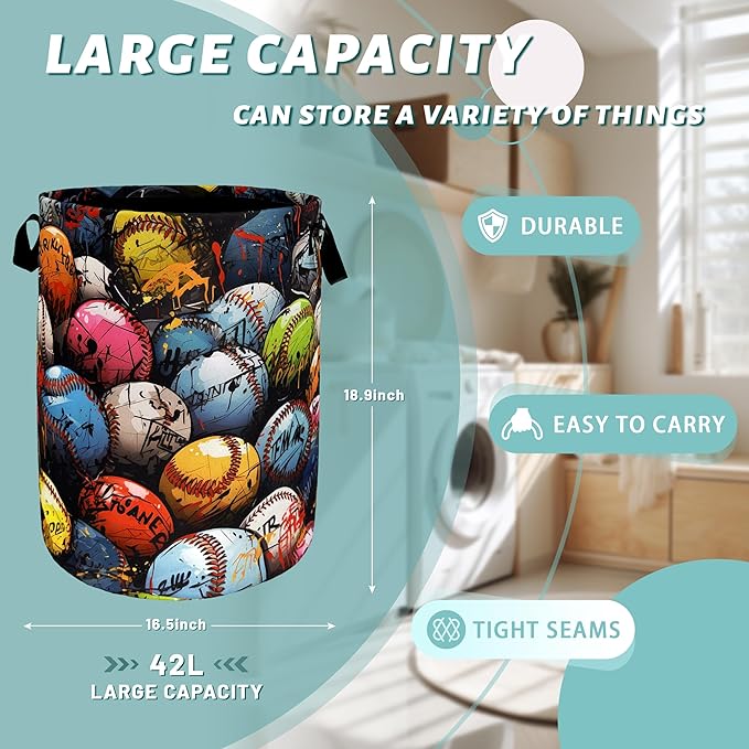 Colorful Baseball Laundry Hamper Foldable With Handles Balls Tote Bag Universal Oxford Cloth Funny Laundry Basket Clothes Toy Storage Bucket 18.9" x 16.5" For Bathroom/Laundry/Bedroom