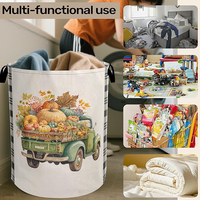 Fall Pumpkin Truck Large Clothes Hamper Bag - Laundry Basket with Handles, Space Saving Foldable Design for Nursery