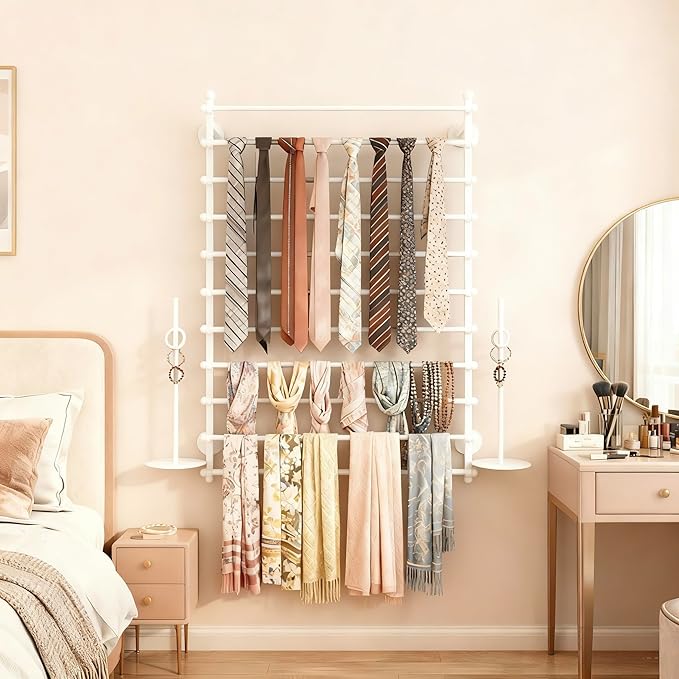 12 Layers 80cm White Wall Display Stand Wrapping Paper Ribbon Organizer Tie Scarf Rack Belt Towel Holder Spool Hijab Stand Metal Shelving for Home, Retail Stores, Flower Shop, Studio, Sewing