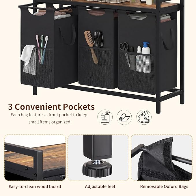 Heybly Laundry Hampers, 3 × 15 Gal (171 L) Laundry Basket with Large Desktop Sorter for Laundry Room Organization, Bathroom and Dorm Laundry Bags on Storage Shelf, Rustic Brown HLH003SR