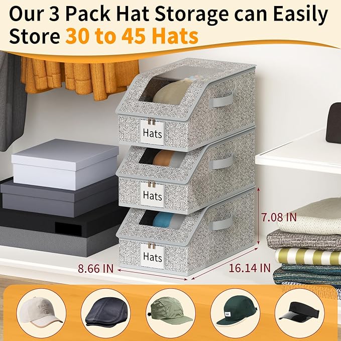 3 Pack Stackable Hat Organizer for Baseball Caps, Hat Storage with Clear Window Lid, Holds up to 45 Ball Cap Storage Organizer, Foldable Hat Box Holder with Cardboard, for Closet Bedroom Shelf(Grey)