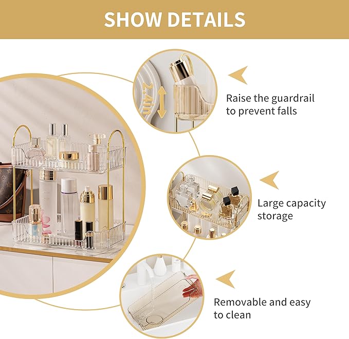 YCIA&DONE Bathroom Organizer Countertop, Makeup Storage, Skincare Cosmetic Tray Shelf, Perfume Holder Rack for Vanity Counter, Large Capacity, Easy to Install, Clean, 2 Tiers, Clear White
